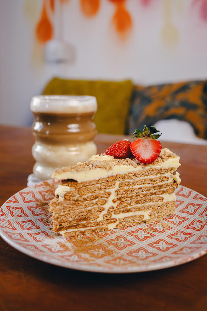 Cake dish and coffee